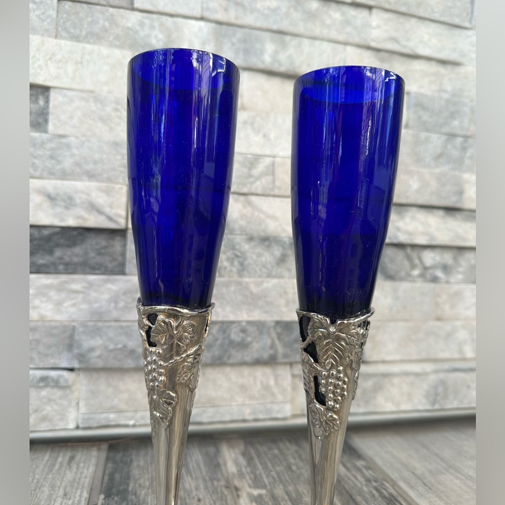 Silver plated cobalt blue fluted Champaign glasses Set of 2 - Picture 5 of 12